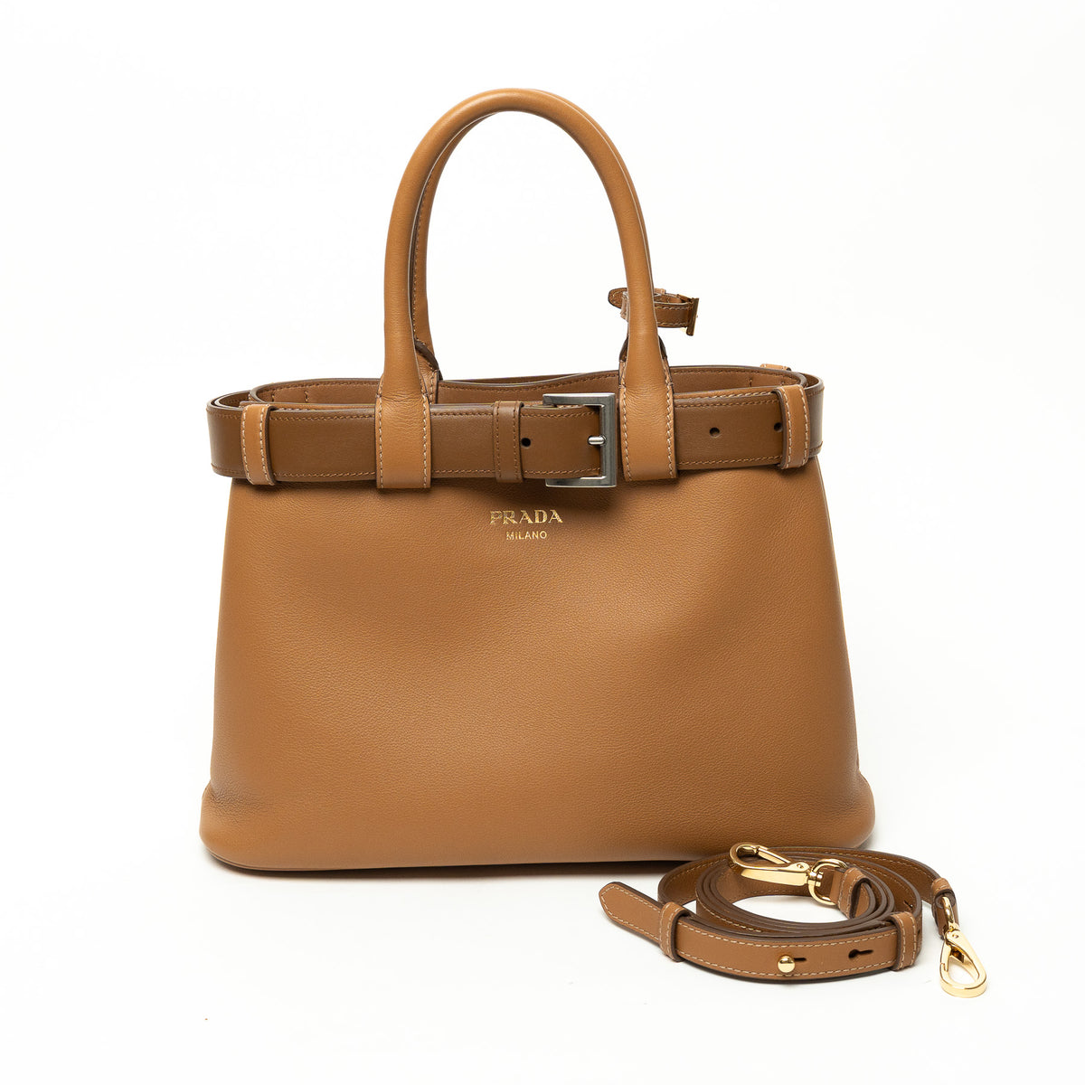 Prada Caramel Calfskin Leather Large Buckle Belt Handbag