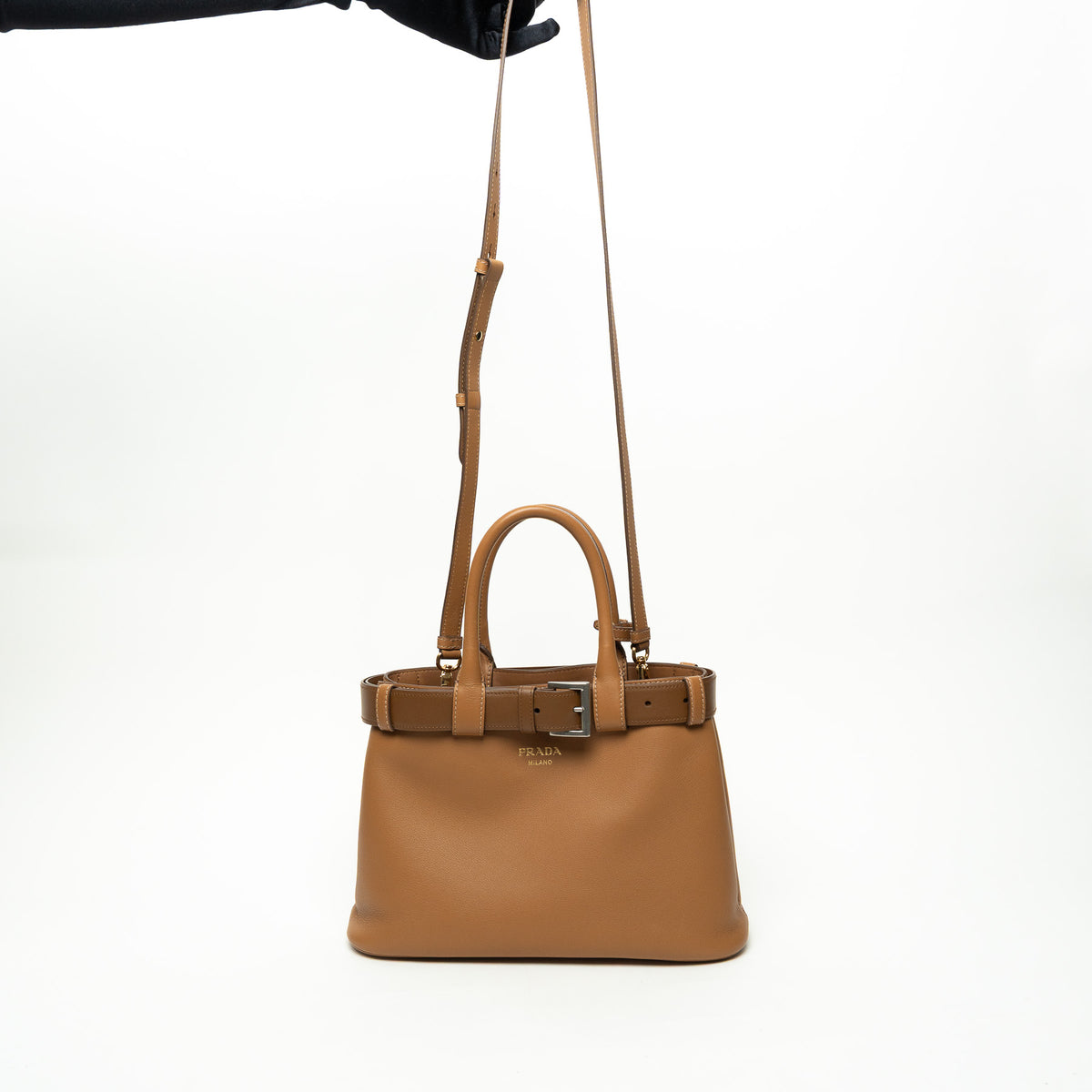 Prada Caramel Calfskin Leather Large Buckle Belt Handbag