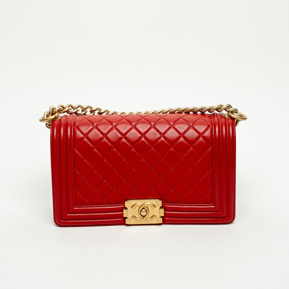 Pre-Loved Chanel™ Red Lambskin Leather Medium Boy Bag