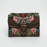 Gucci Brown Leather Embroidered Floral Web Medium Dionysus Shoulder Bag