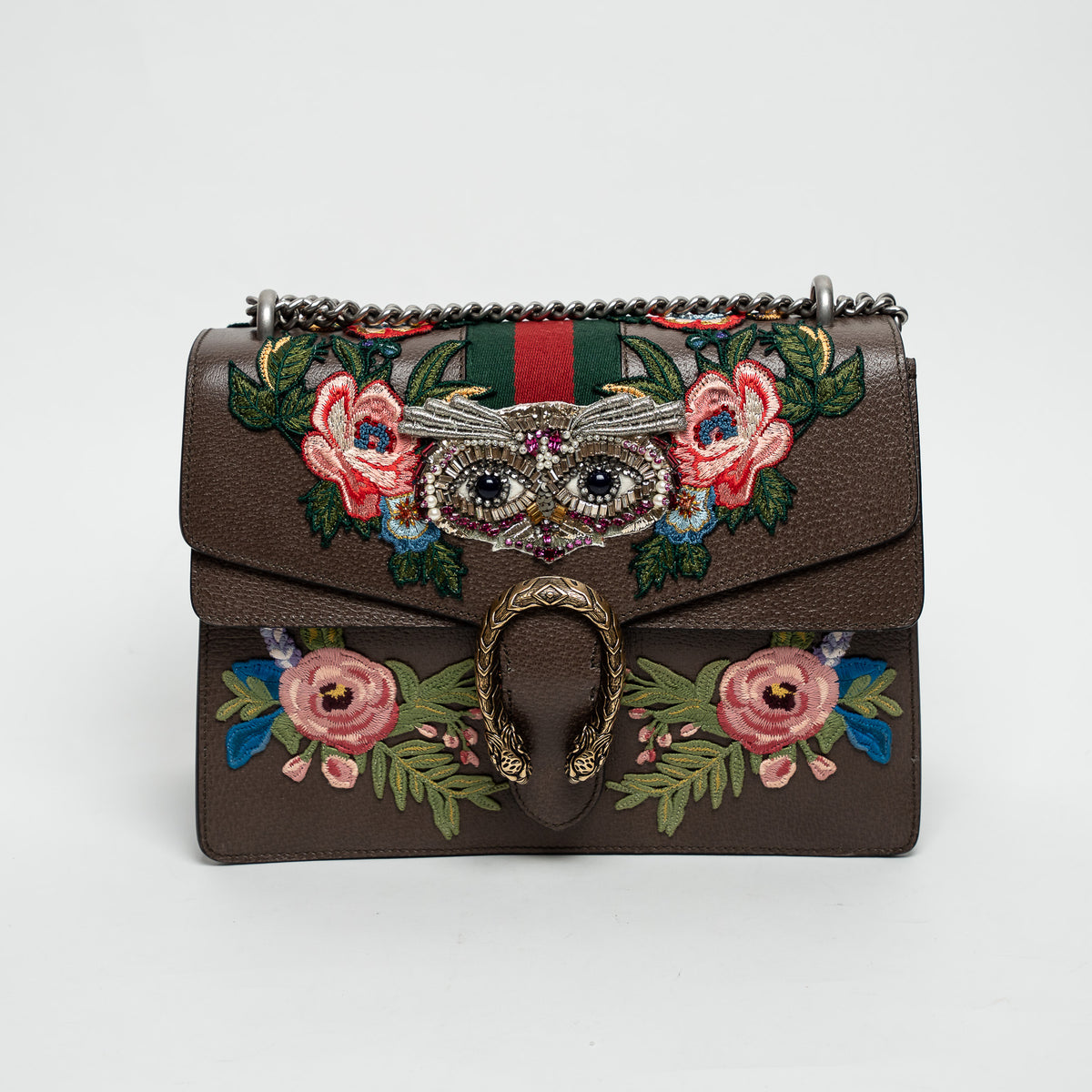 Gucci Brown Leather Embroidered Floral Web Medium Dionysus Shoulder Bag