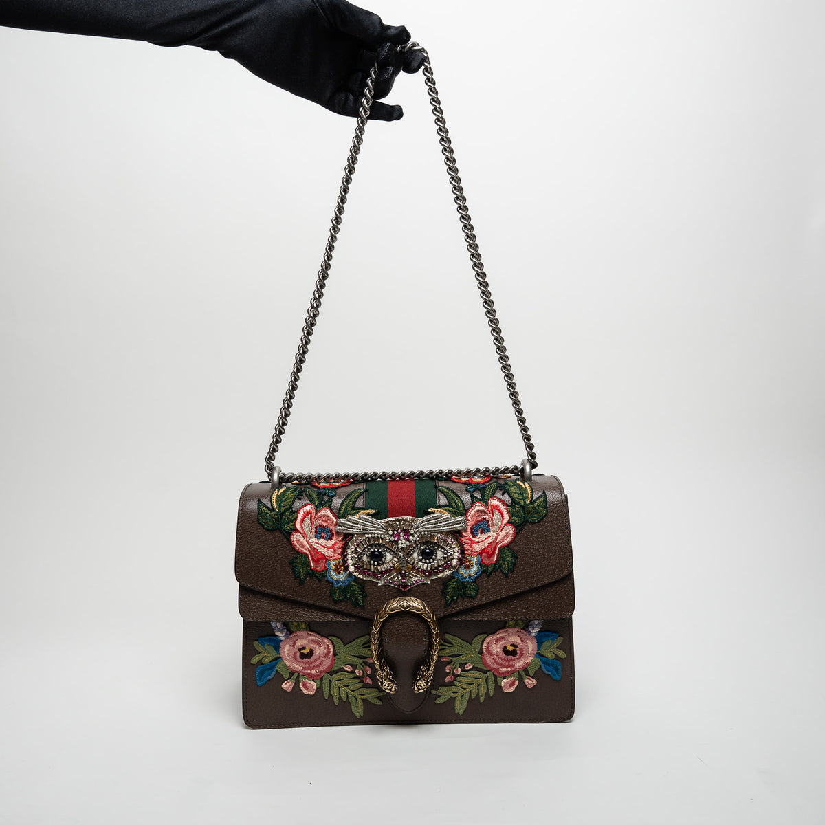 Gucci Brown Leather Embroidered Floral Web Medium Dionysus Shoulder Bag
