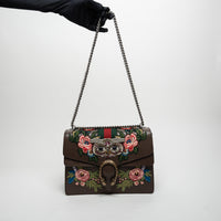 Gucci Brown Leather Embroidered Floral Web Medium Dionysus Shoulder Bag