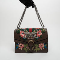 Gucci Brown Leather Embroidered Floral Web Medium Dionysus Shoulder Bag