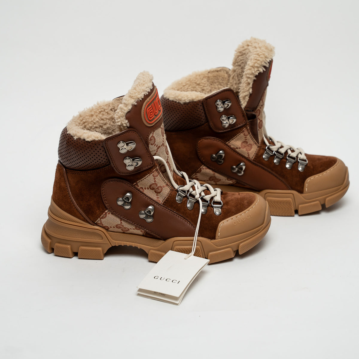 Gucci Brown Suede GG Supreme Shearling Flashtrek Boots Size 37