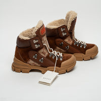 Gucci Brown Suede GG Supreme Shearling Flashtrek Boots Size 37