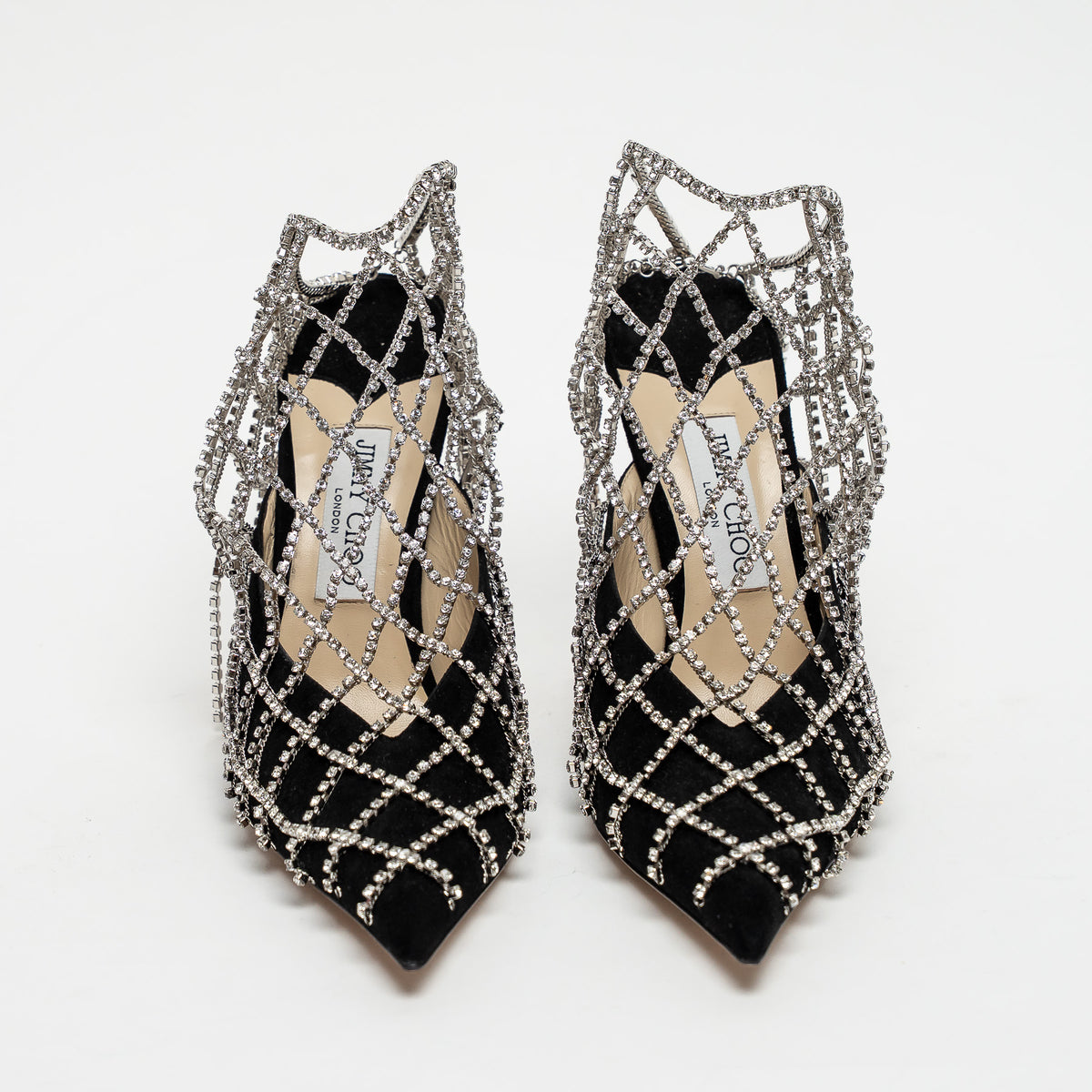Jimmy Choo Black Suede Crystal Chain Mesh Sandals Size 40.5