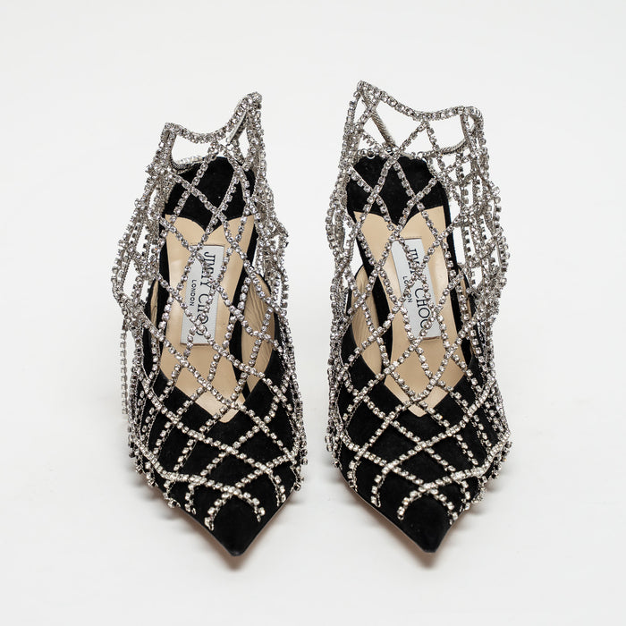 Jimmy Choo Black Suede Crystal Chain Mesh Sandals Size 40.5