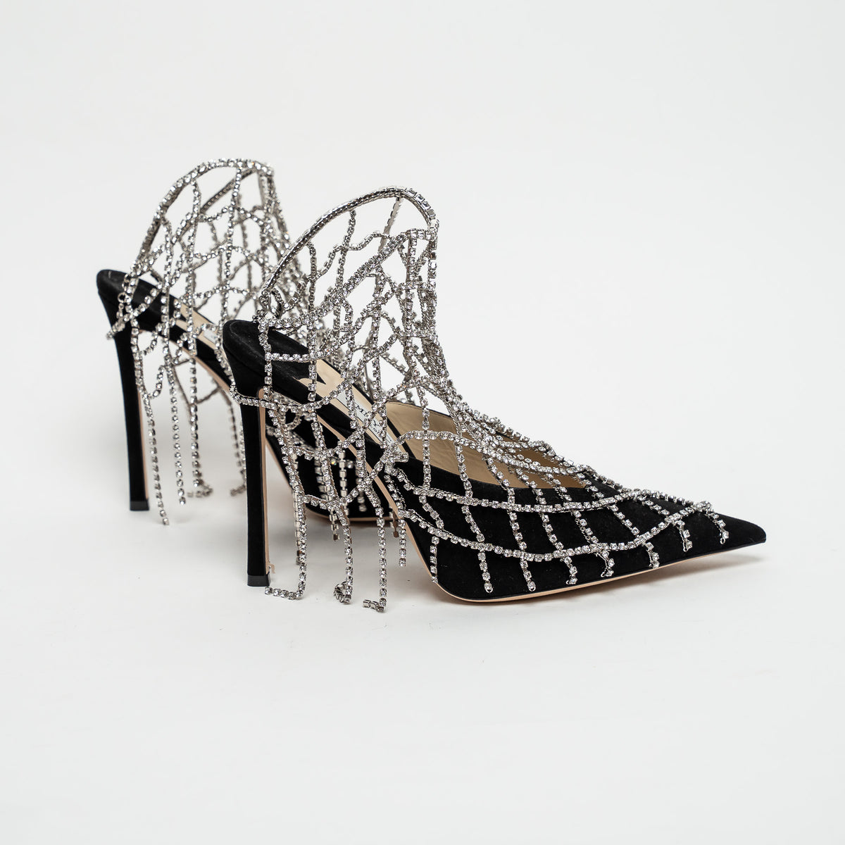 Jimmy Choo Black Suede Crystal Chain Mesh Sandals Size 40.5