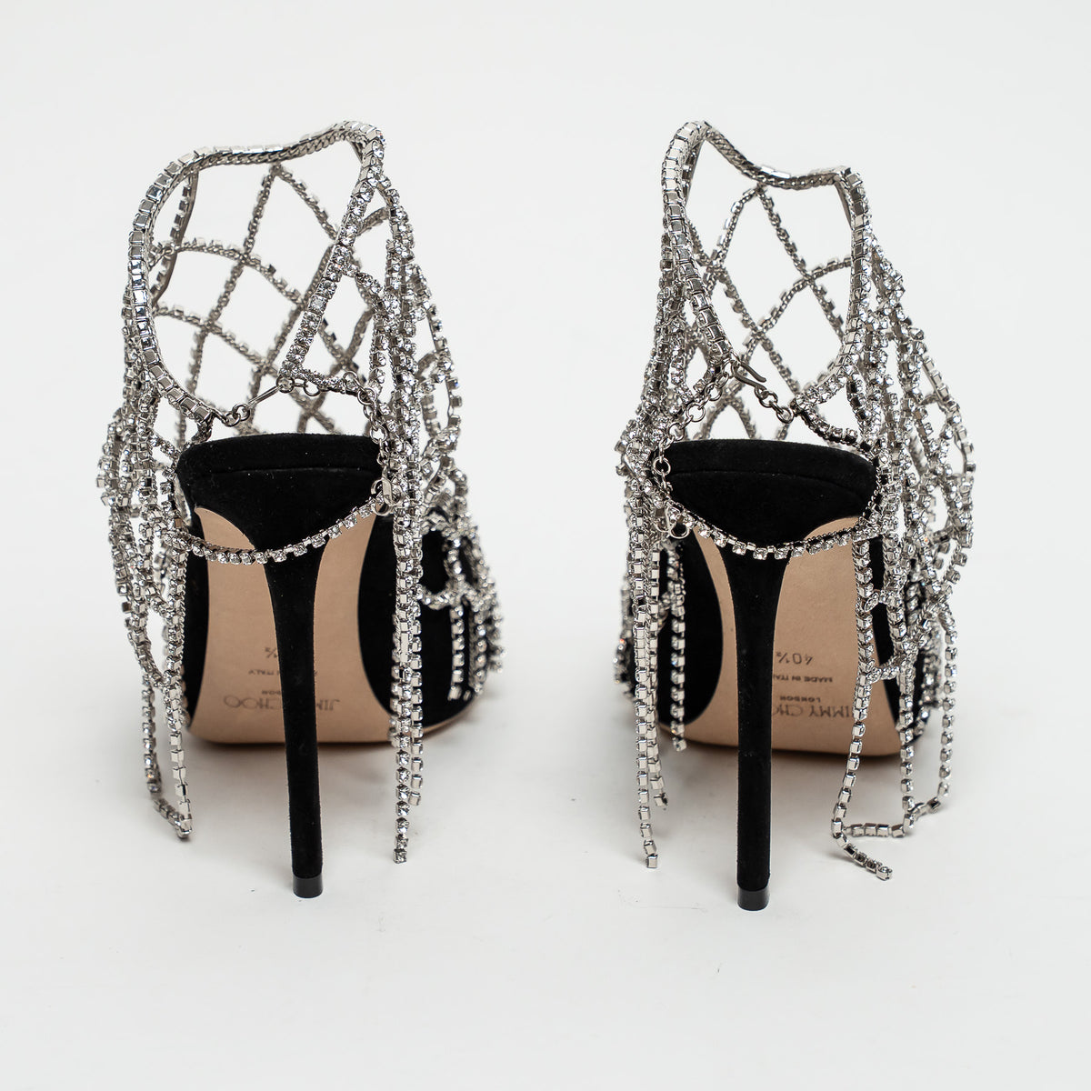 Jimmy Choo Black Suede Crystal Chain Mesh Sandals Size 40.5