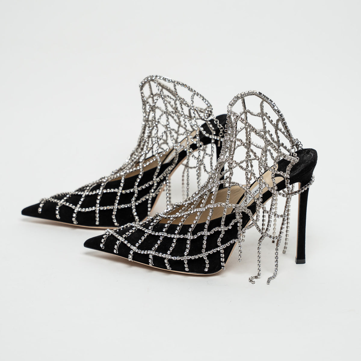 Jimmy Choo Black Suede Crystal Chain Mesh Sandals Size 40.5