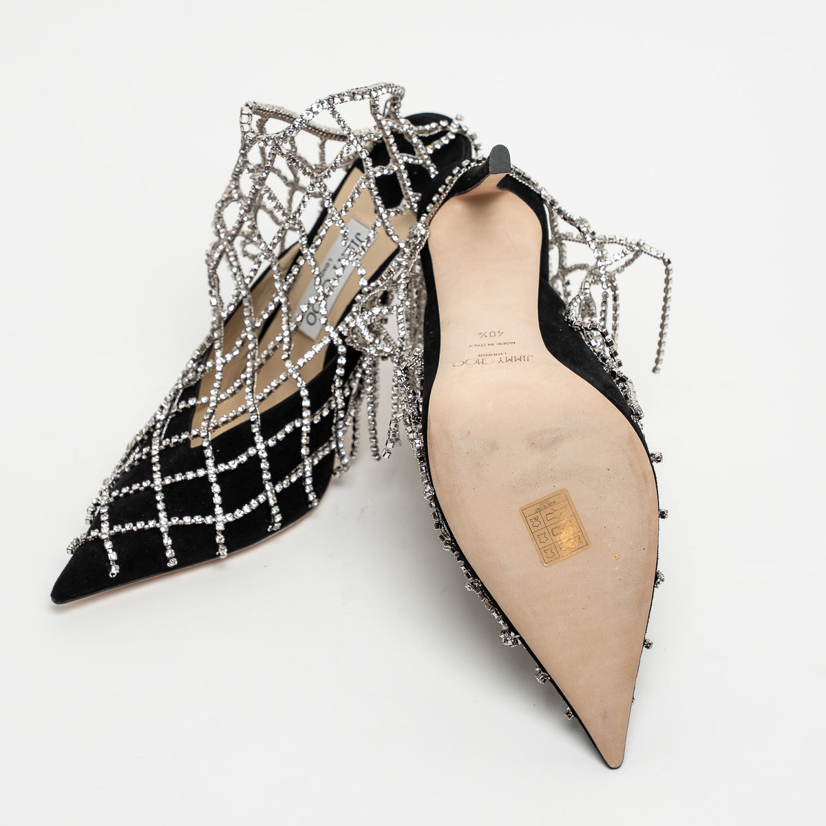 Jimmy Choo Black Suede Crystal Chain Mesh Sandals Size 40.5