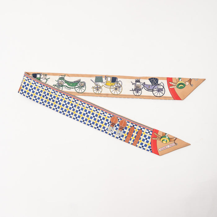 Hermes Blue, Beige and Red Silk Les Voitures Nouvelles Twilly
