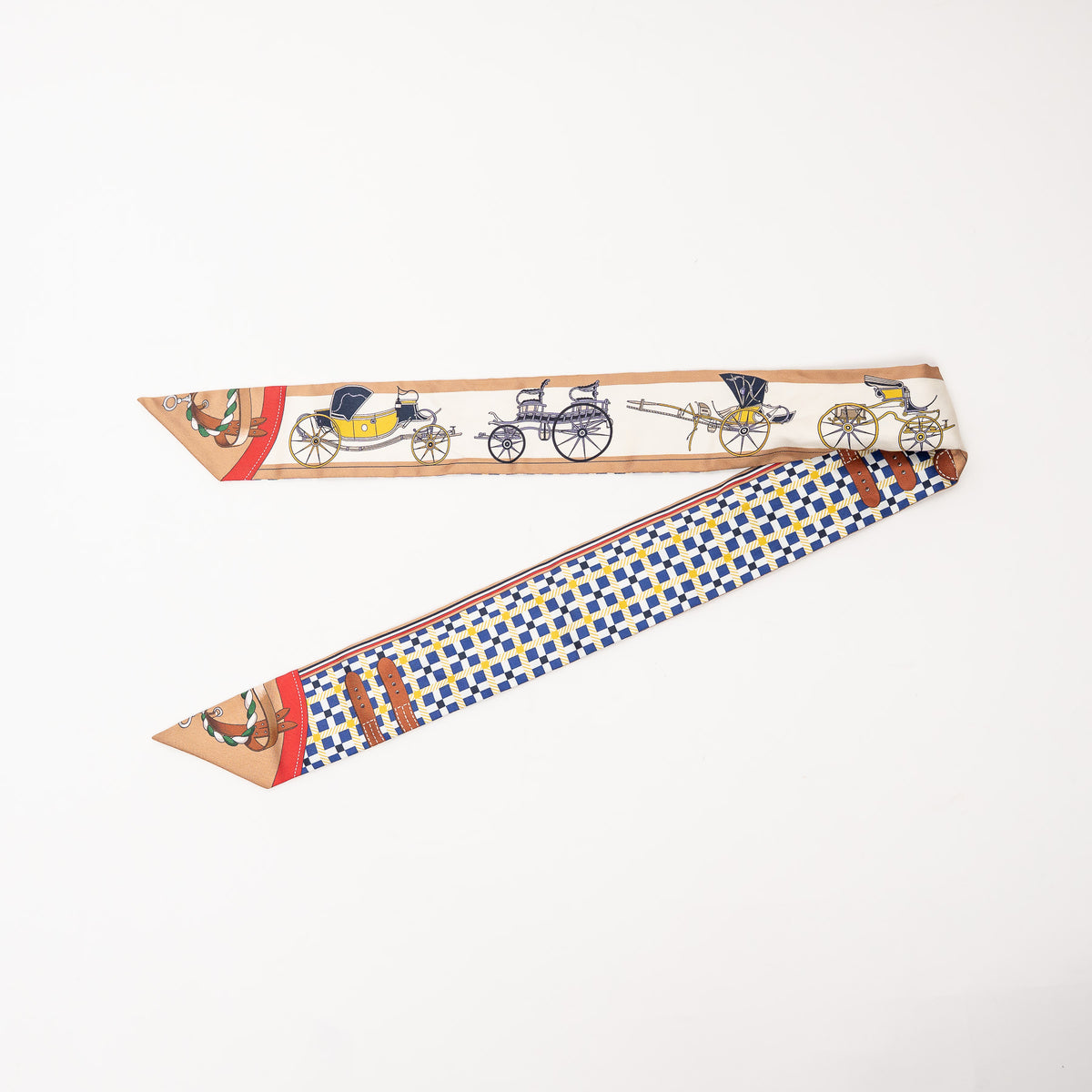 Hermes Blue, Beige and Red Silk Les Voitures Nouvelles Twilly