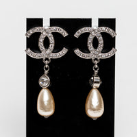 Chanel Silver Tone Pearl and Crystal Drop Earrings