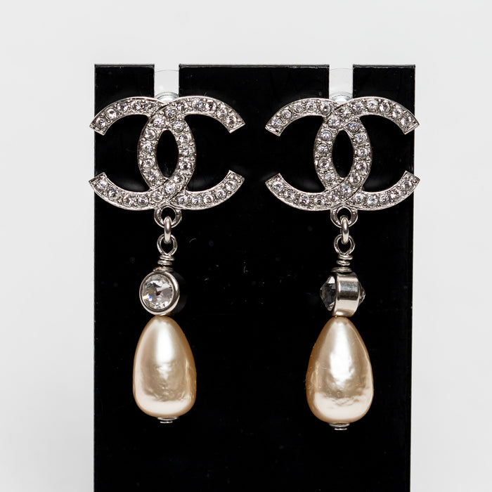 Chanel Silver Tone Pearl and Crystal Drop Earrings