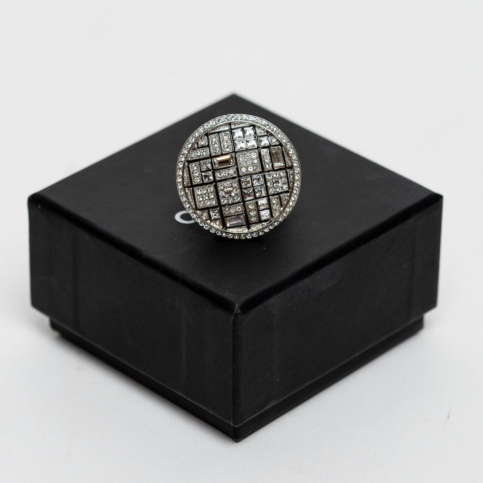Pre-Loved Chanel™ Silver Tone Ring Embellished with Round, Baguette, and Square Cut Crystals Size 7