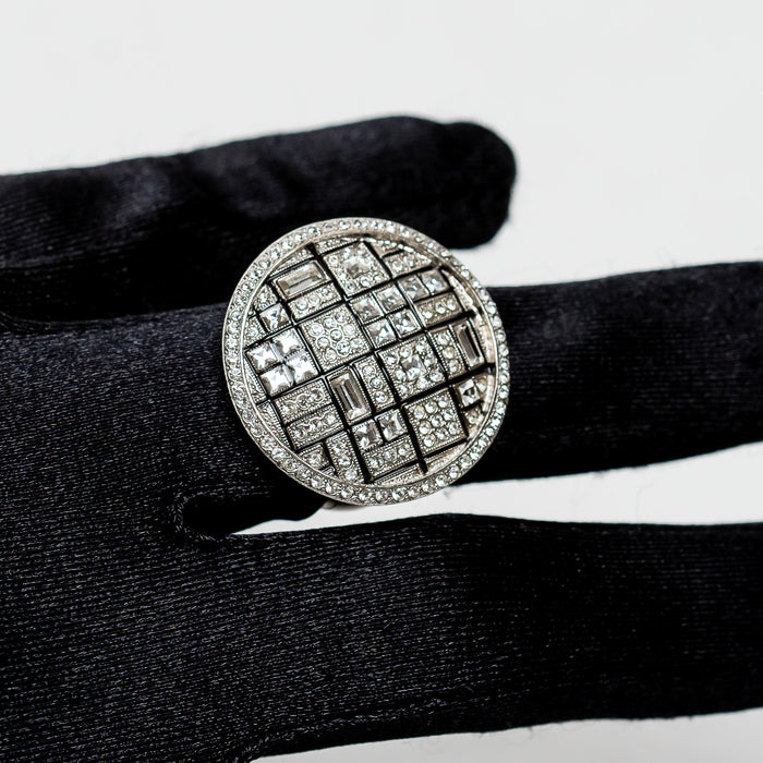 Pre-Loved Chanel™ Silver Tone Ring Embellished with Round, Baguette, and Square Cut Crystals Size 7