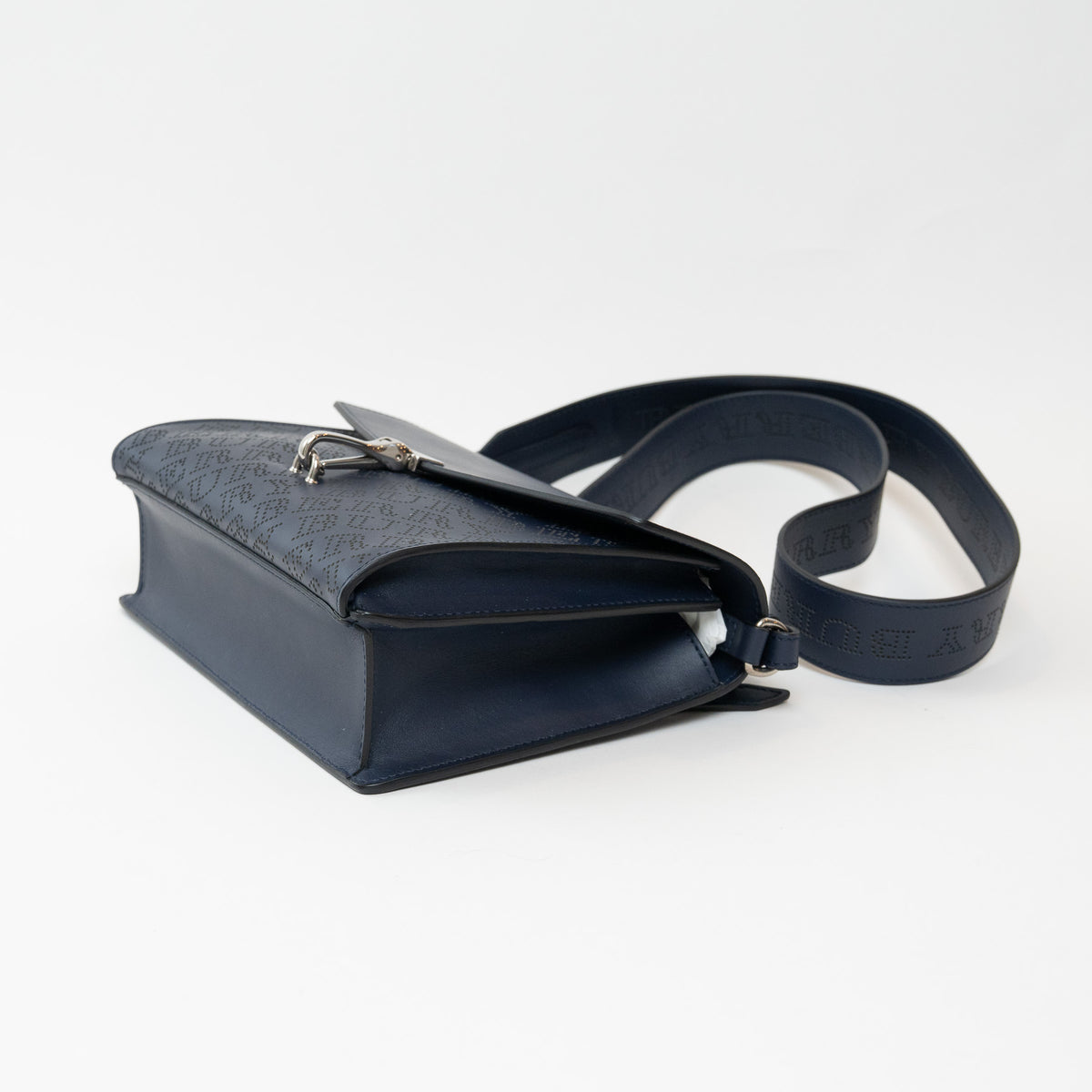 Burberry Navy Grained Perforated Monogram Leather Messenger Bag