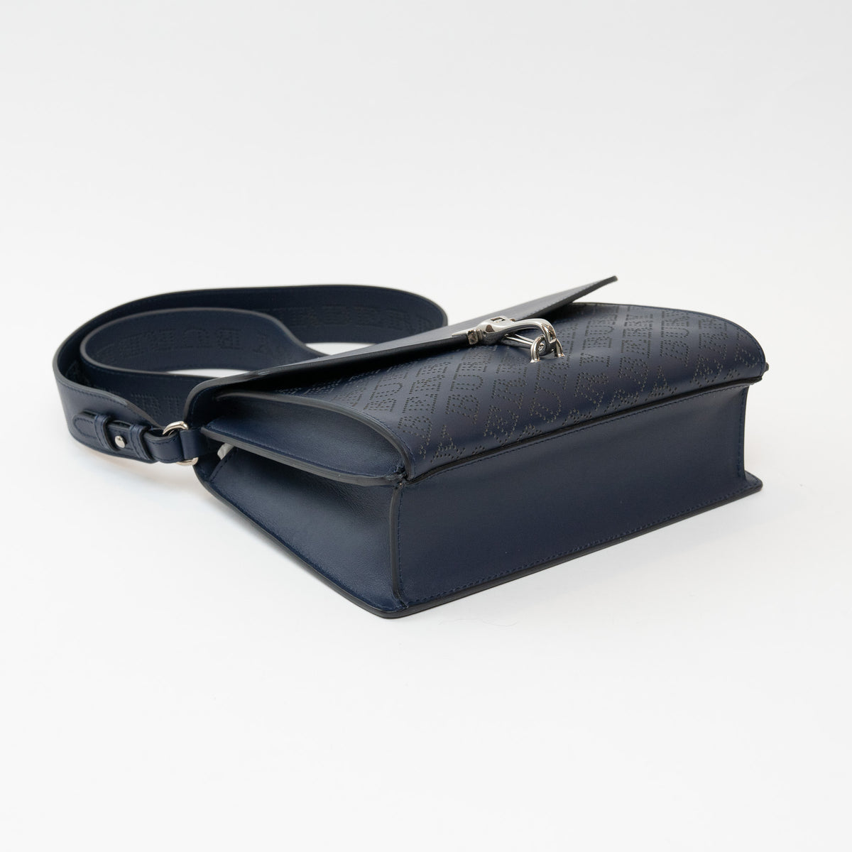 Burberry Navy Grained Perforated Monogram Leather Messenger Bag