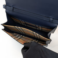 Burberry Navy Grained Perforated Monogram Leather Messenger Bag