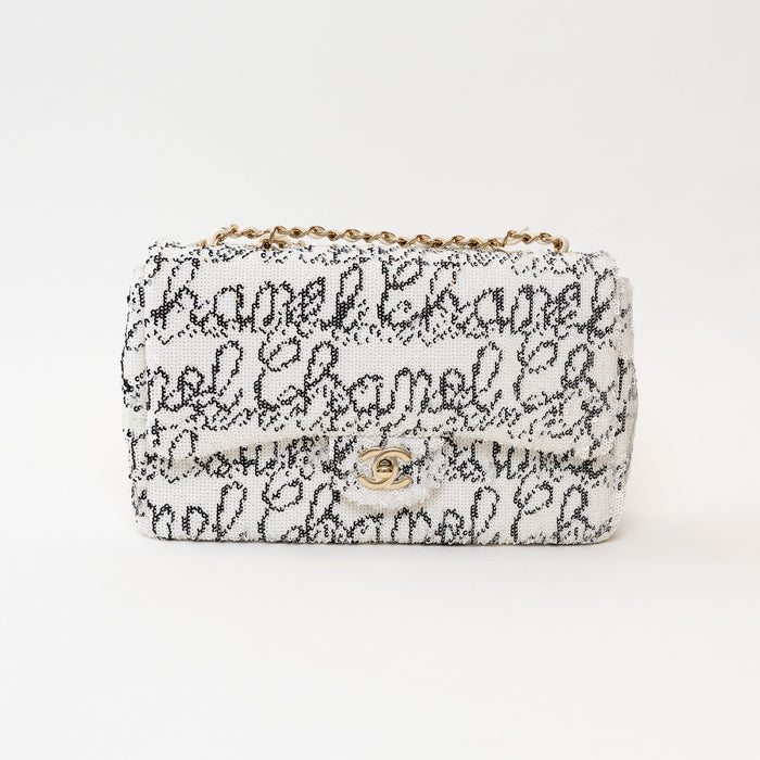 Pre-Loved Chanel™ White and Black Sequin Logo Flap Bag