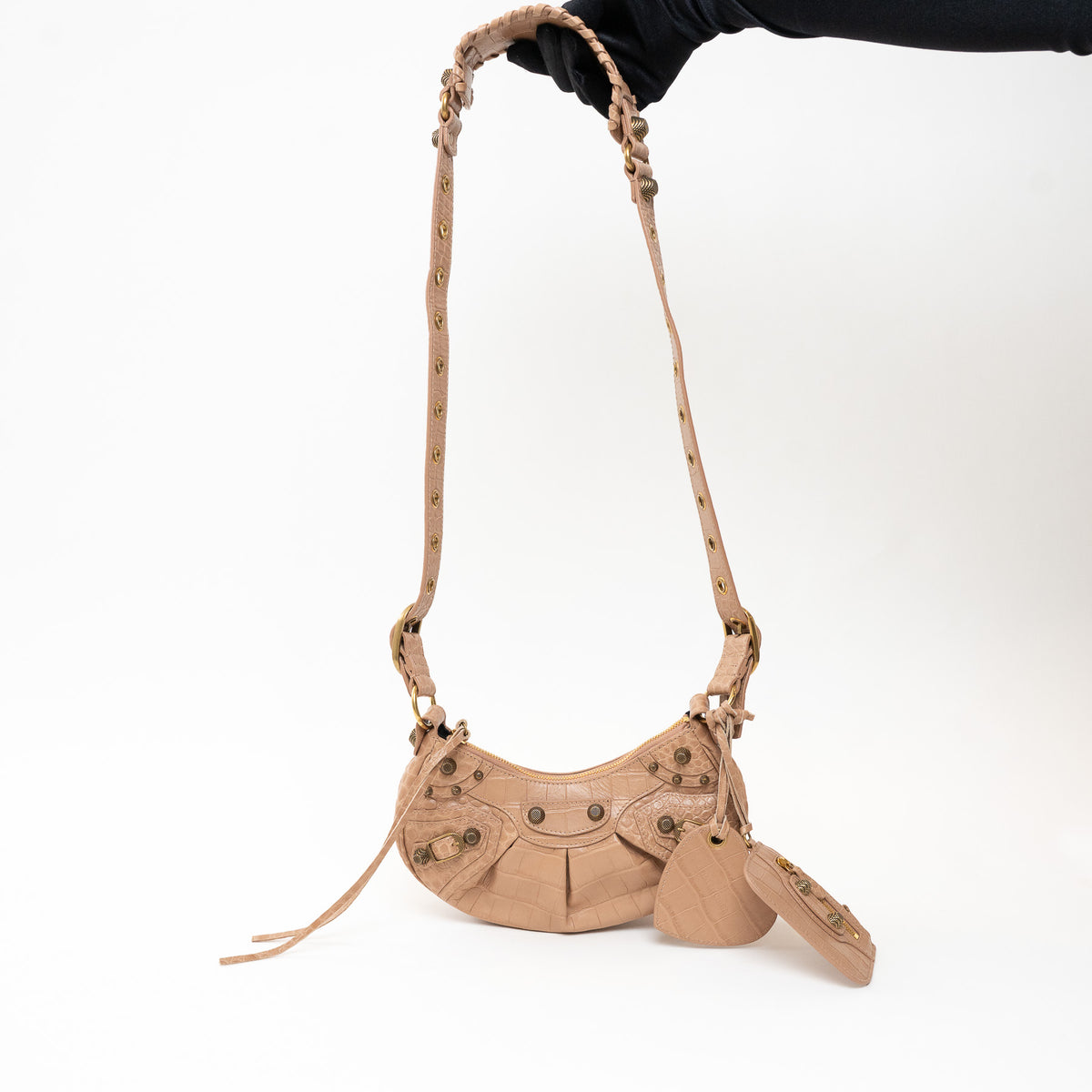 Balenciaga Beige Croc Embossed Leather Le Cagole Crossbody Bag