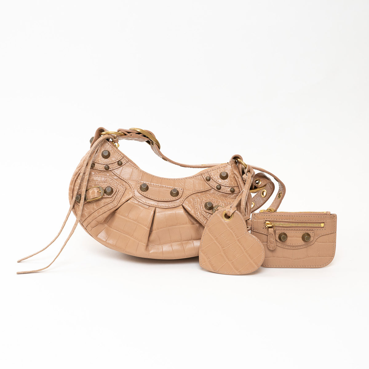 Balenciaga Beige Croc Embossed Leather Le Cagole Crossbody Bag