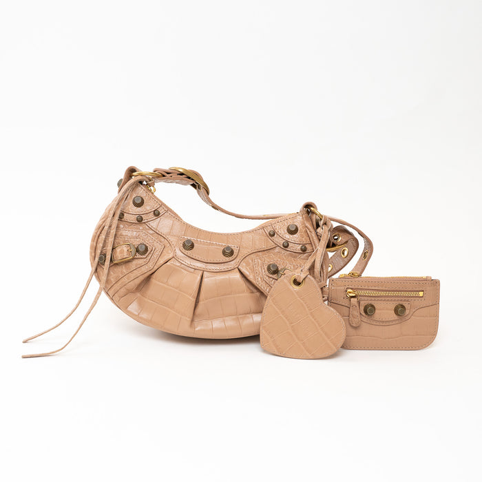 Balenciaga Beige Croc Embossed Leather Le Cagole Crossbody Bag