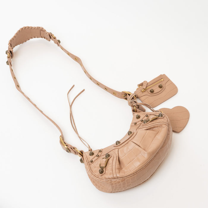 Balenciaga Beige Croc Embossed Leather Le Cagole Crossbody Bag