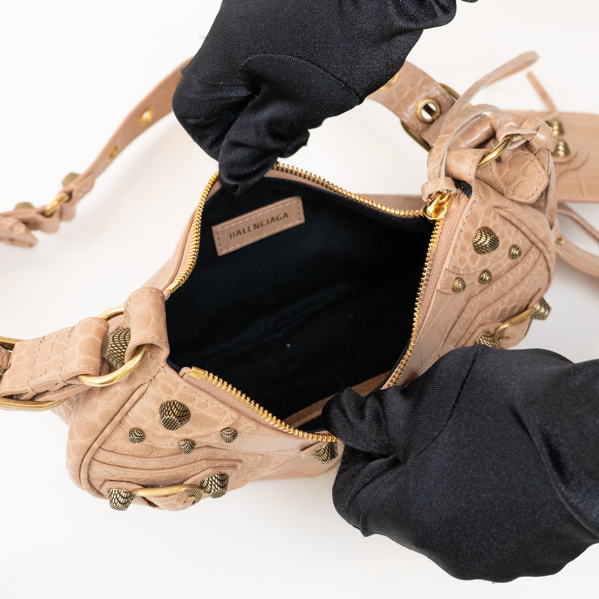 Balenciaga Beige Croc Embossed Leather Le Cagole Crossbody Bag