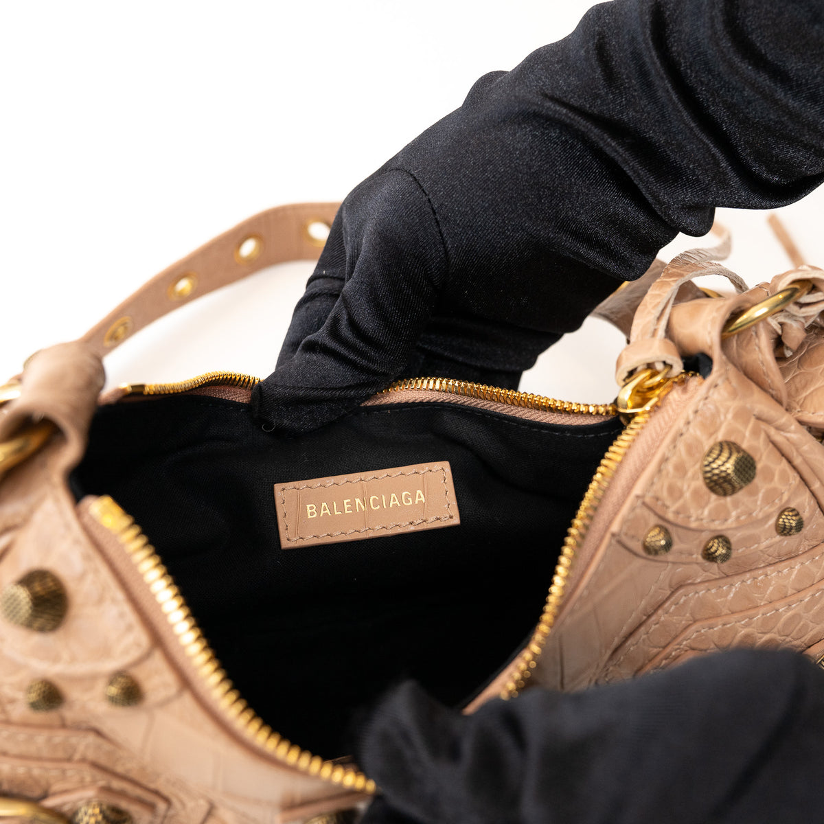 Balenciaga Beige Croc Embossed Leather Le Cagole Crossbody Bag