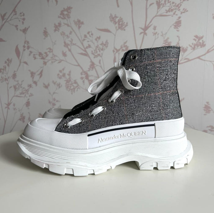 Black and White Woven Fabric High Top Chunky Sneakers with White Laces. (side)