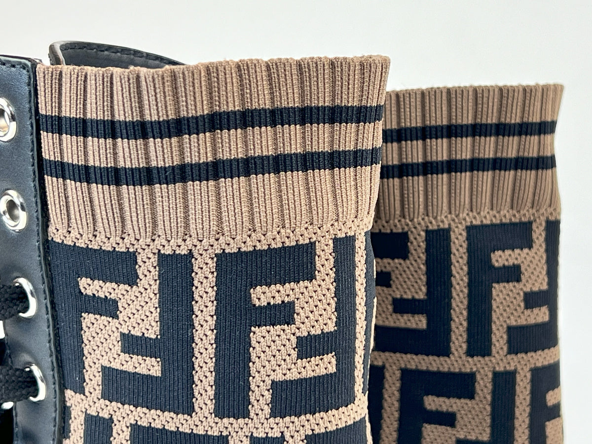 Pre-Loved Brown and Black Monogram Stretch Knit and Black Leather Lace Up Combat Boots.(close up)