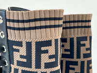 Pre-Loved Brown and Black Monogram Stretch Knit and Black Leather Lace Up Combat Boots.(close up)