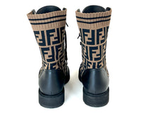 Pre-Loved Brown and Black Monogram Stretch Knit and Black Leather Lace Up Combat Boots.(back)