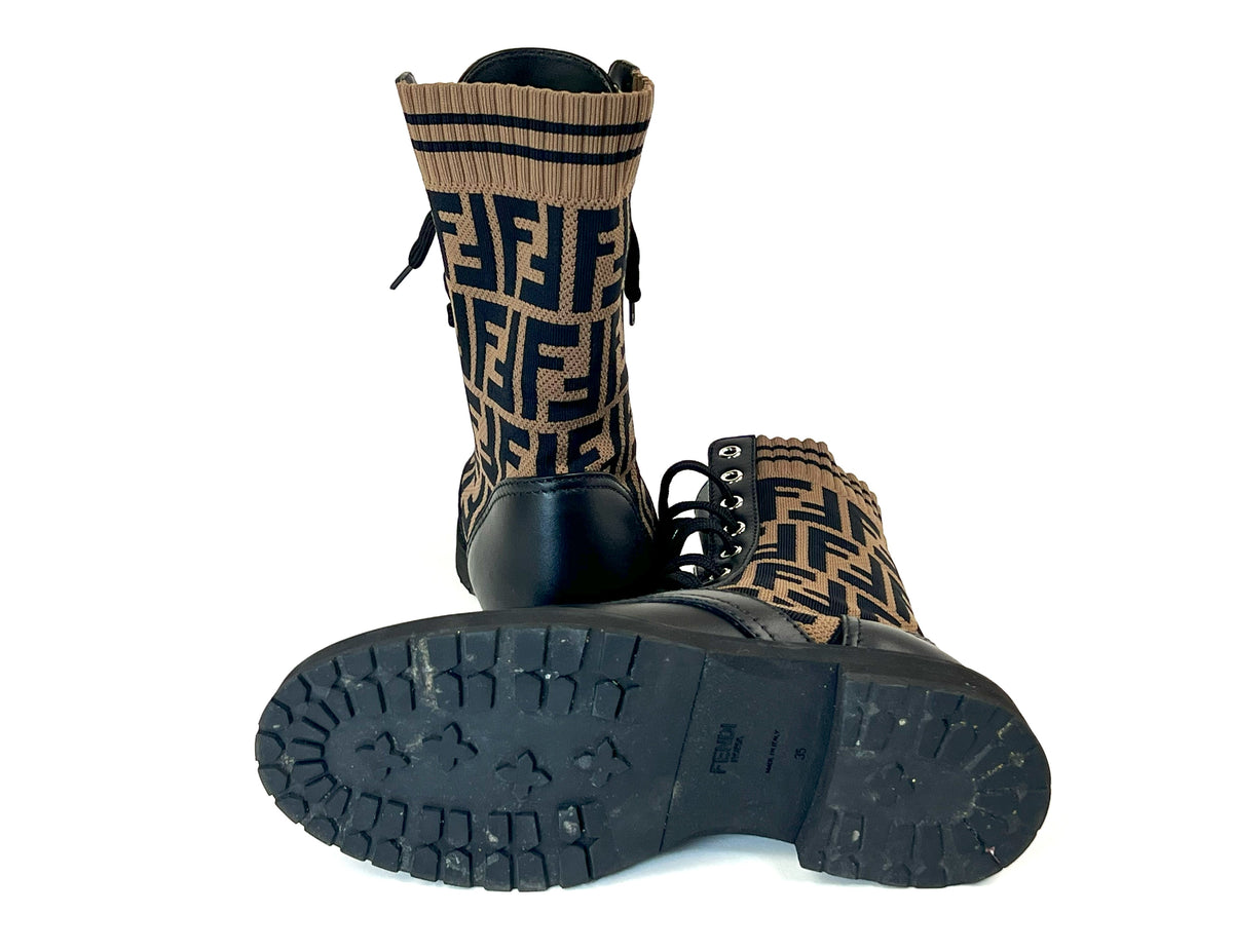 Pre-Loved Brown and Black Monogram Stretch Knit and Black Leather Lace Up Combat Boots.(bottom)