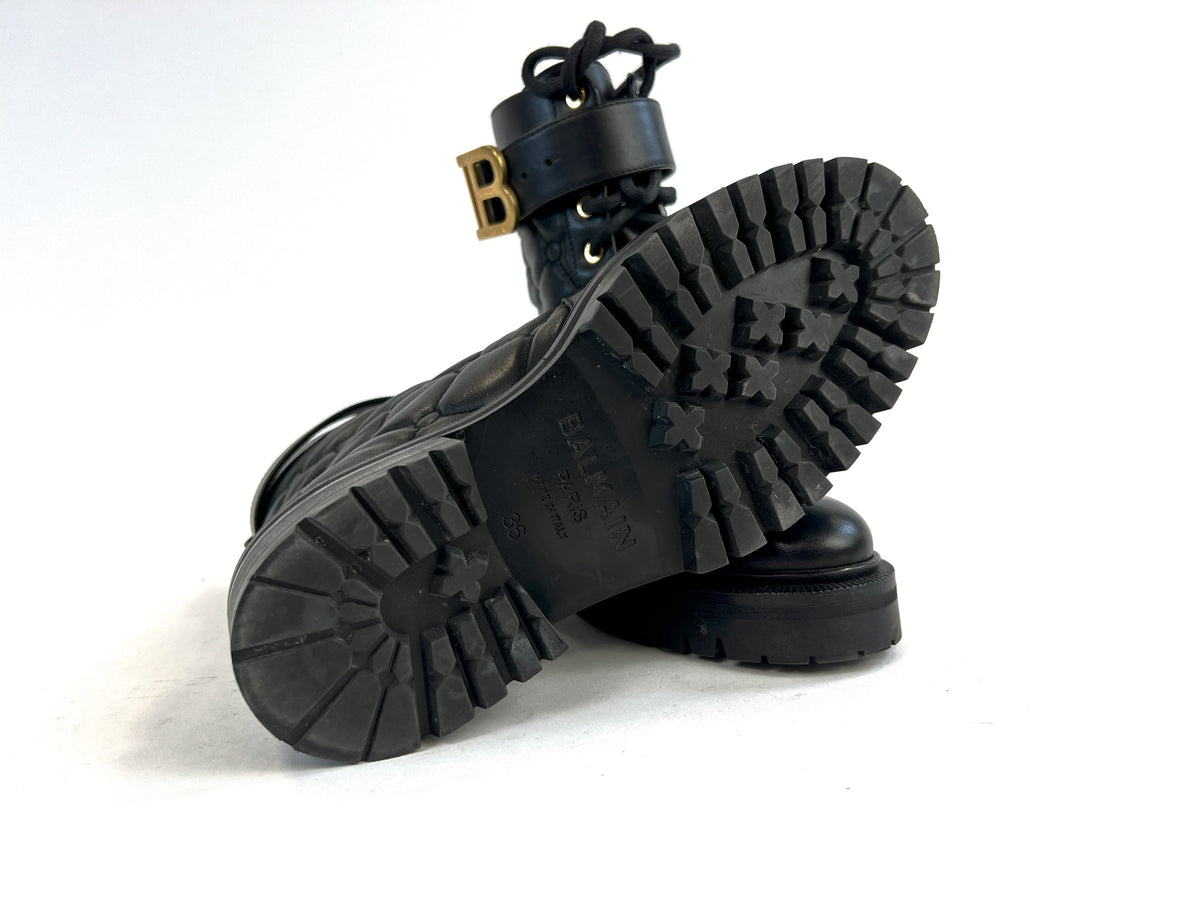 Pre-Loved Black Quilted Leather with Gold Tone Logo/Hardware Lace Up Combat Boots.(bottom)