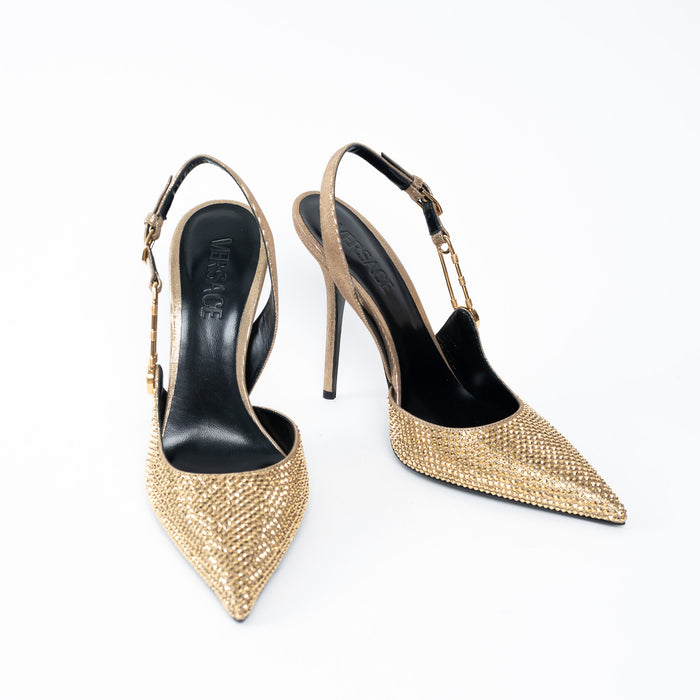 Versace Gold Crystal Embellished Slingback Pumps Size 40