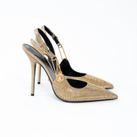 Versace Gold Crystal Embellished Slingback Pumps Size 40
