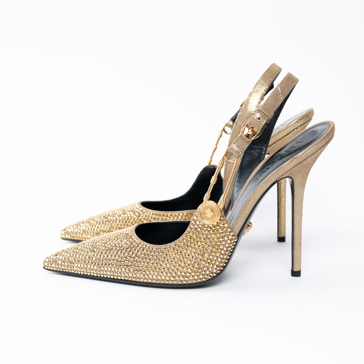 Versace Gold Crystal Embellished Slingback Pumps Size 40