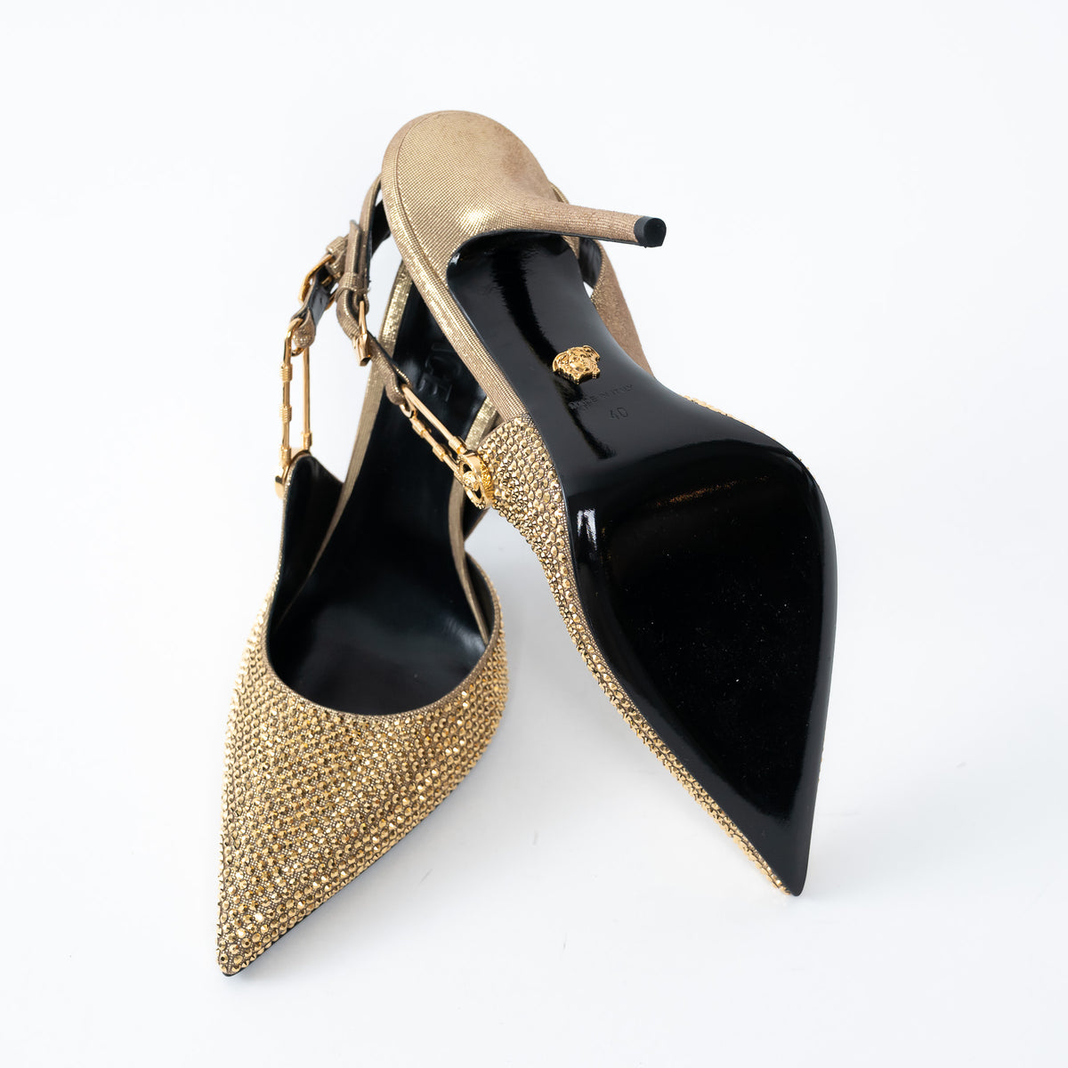Versace Gold Crystal Embellished Slingback Pumps Size 40
