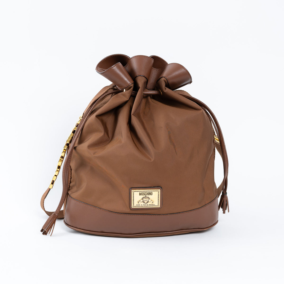 Moschino Brown Nylon and Grained Leather Bucket Bag
