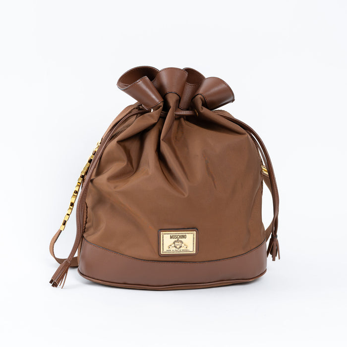 Moschino Brown Nylon and Grained Leather Bucket Bag