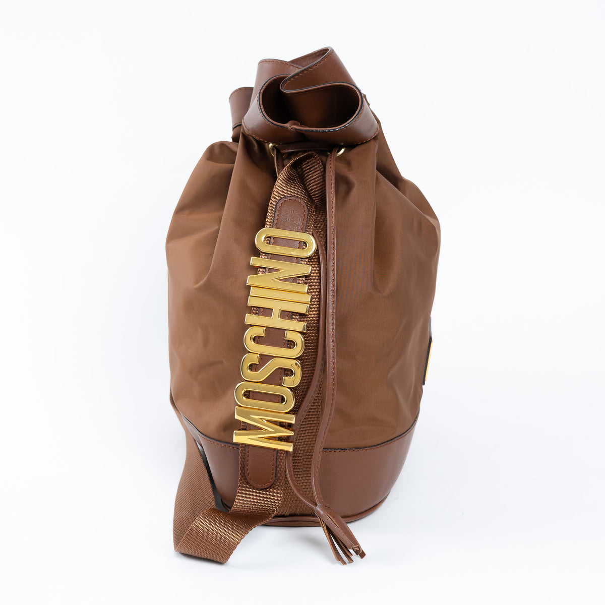 Moschino Brown Nylon and Grained Leather Bucket Bag