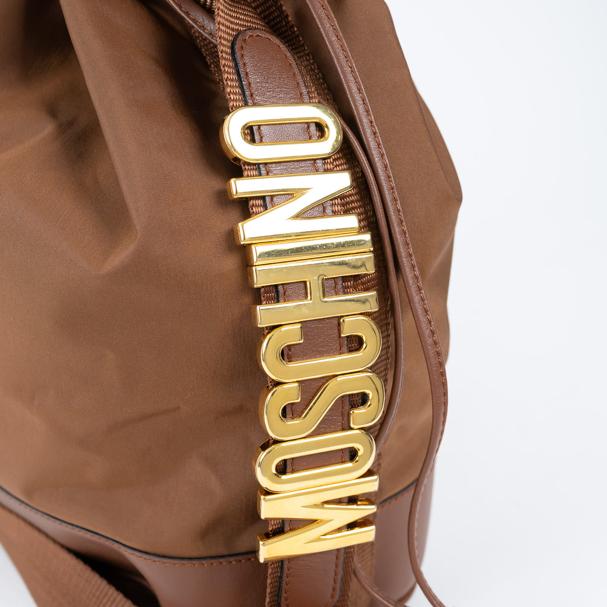 Moschino Brown Nylon and Grained Leather Bucket Bag