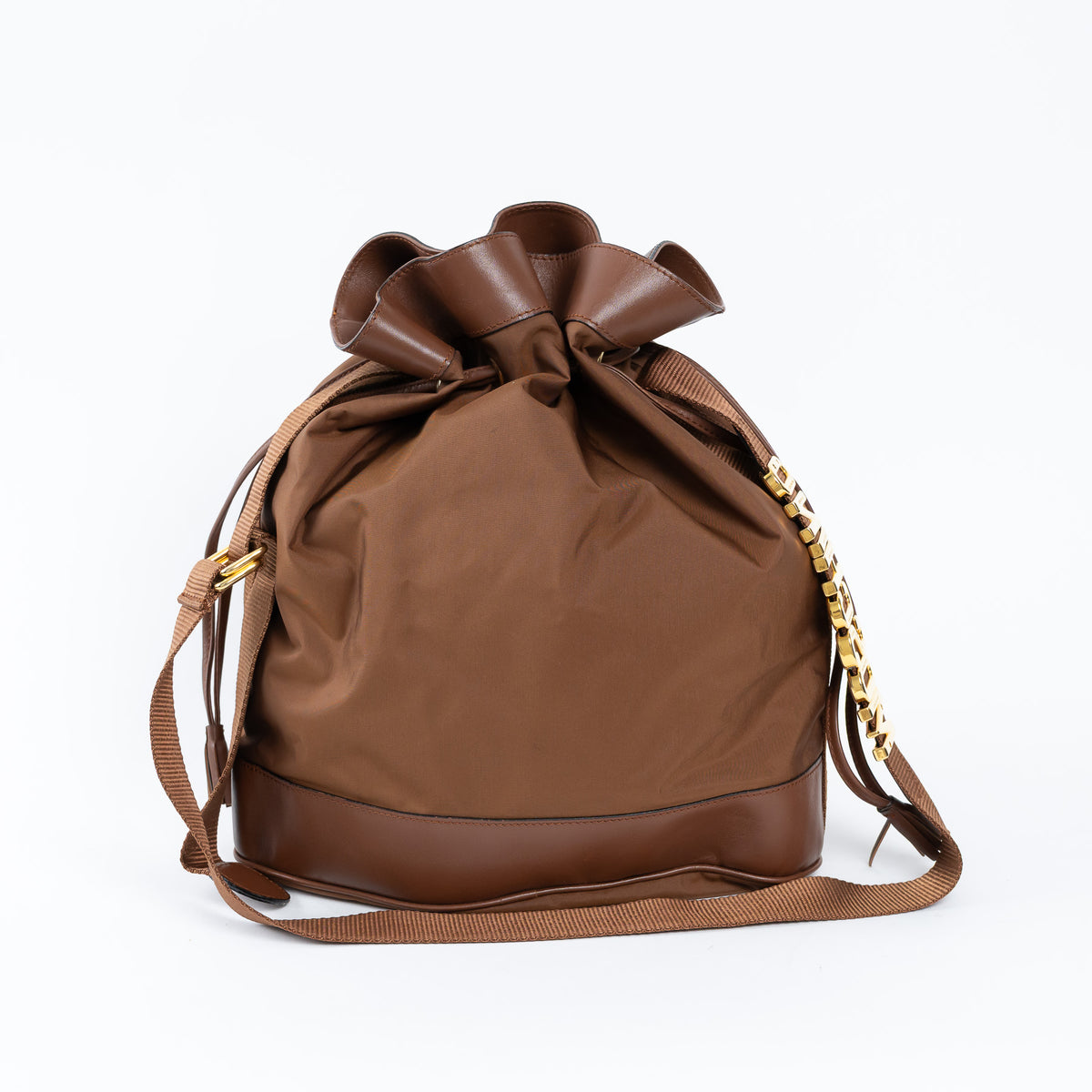 Moschino Brown Nylon and Grained Leather Bucket Bag