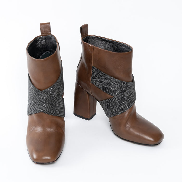 Brunello Cucinelli Brown Leather Block Heel Boots Size 37