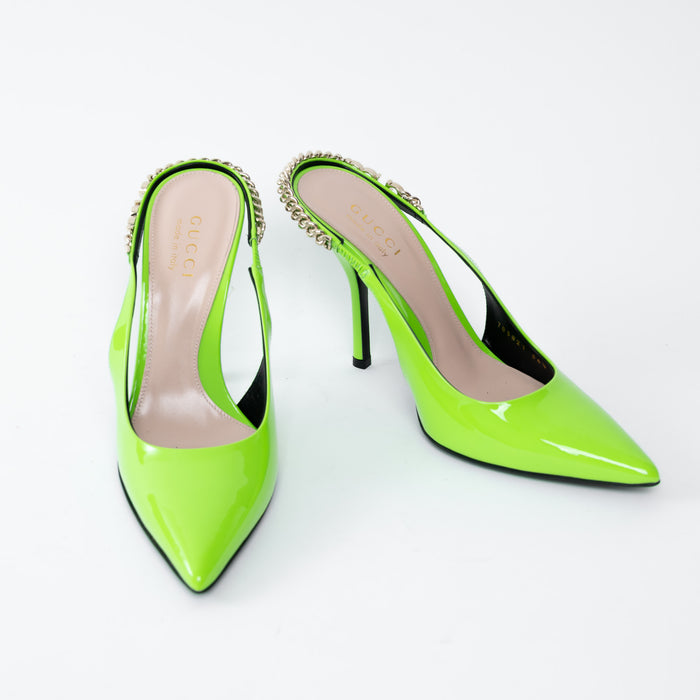 Gucci Neon Green Slingback Heels with Chain Detail Size 36.5