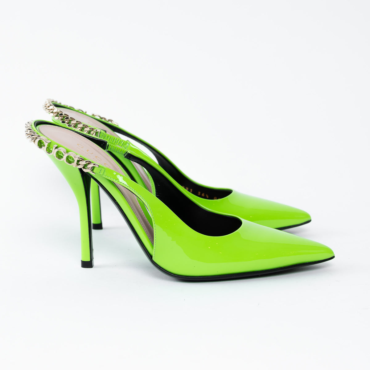 Gucci Neon Green Slingback Heels with Chain Detail Size 36.5